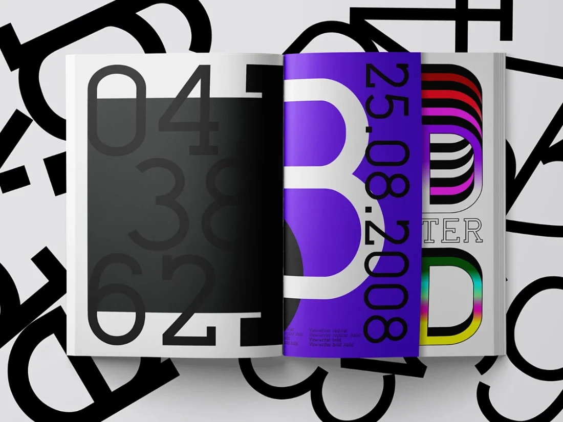 Open book page representing type design ViewWriter with colours