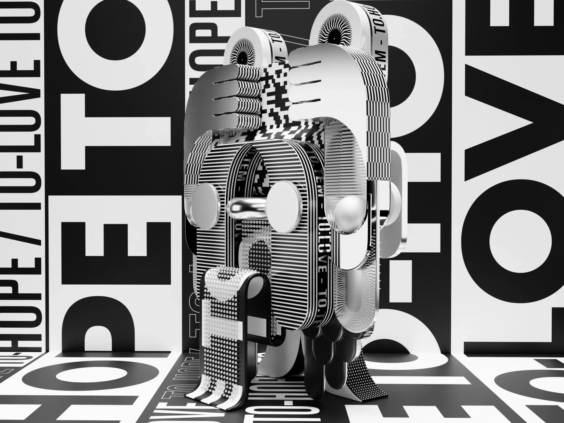 Totem is a 3D sculpture with typographic patterns, materials and background