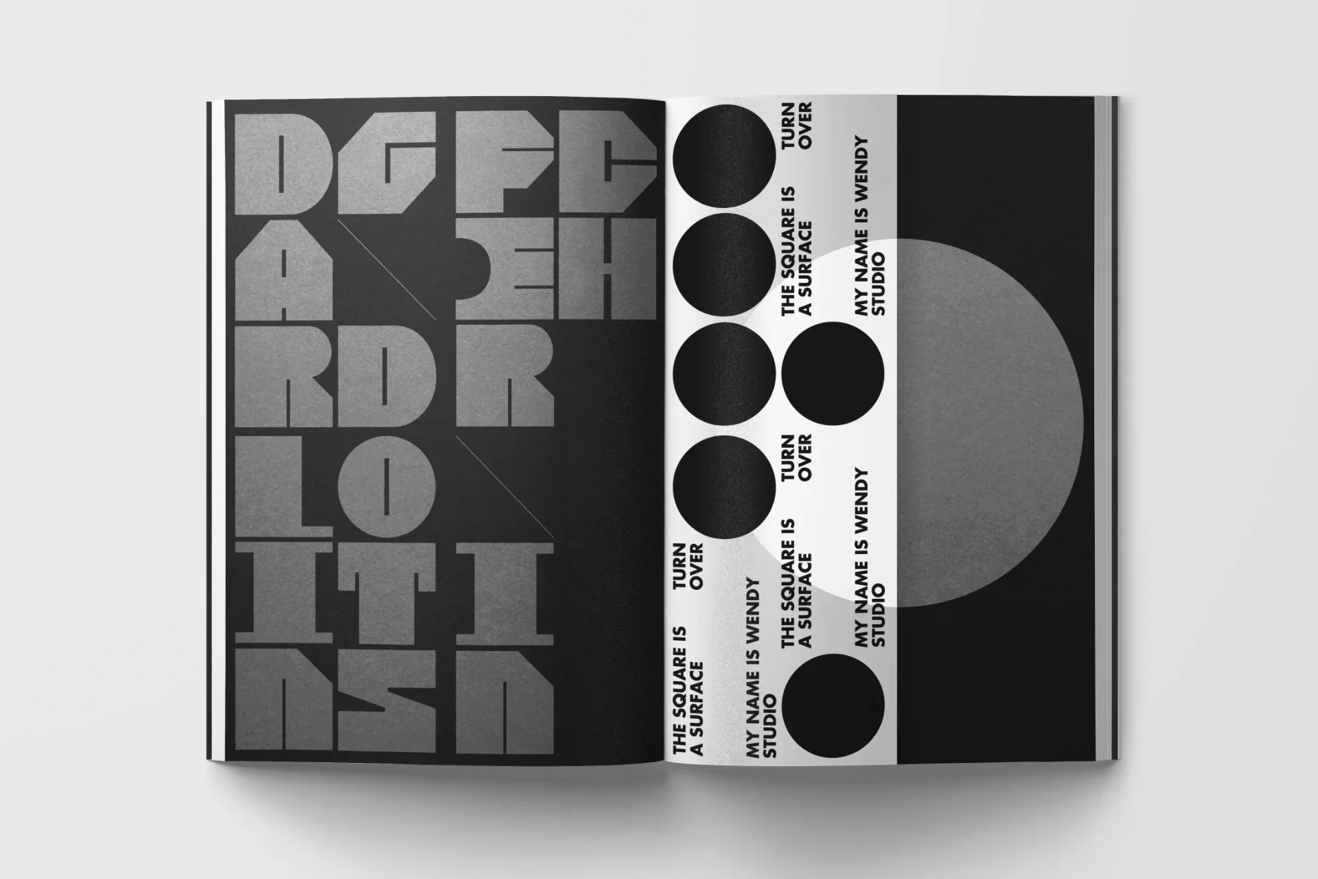 Layout of a magazine made up of circles and letters of the Turnover typography