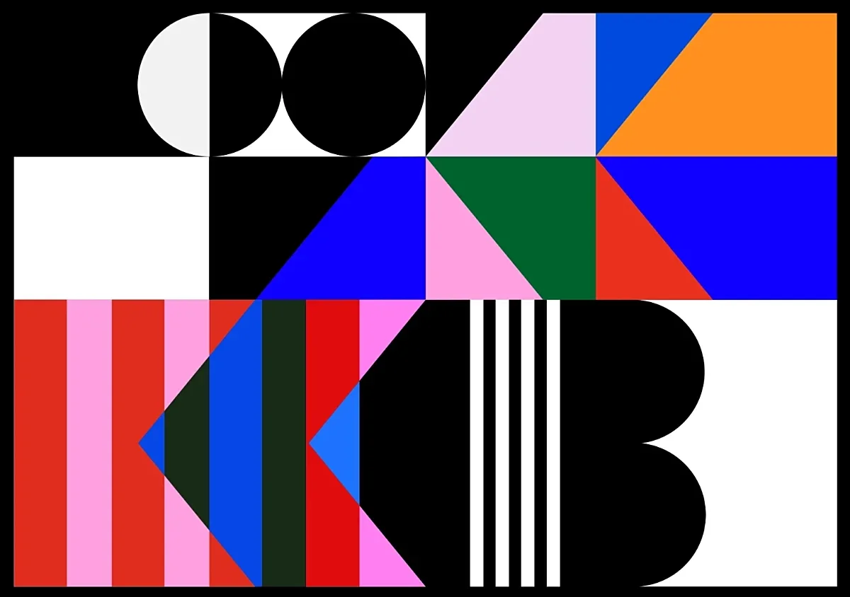 Graphic composition of geometric shapes, pixels and colors