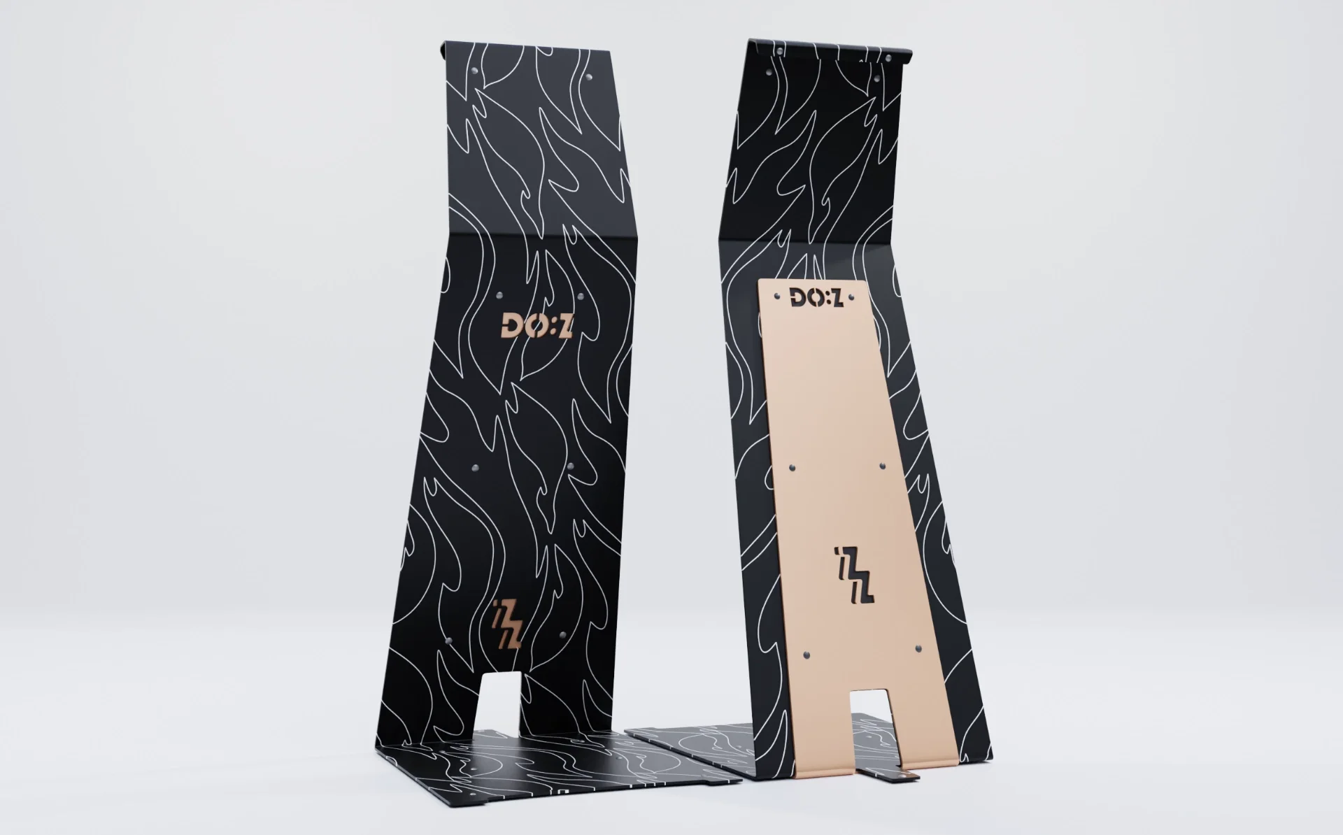 2 models of black Doz with a graphic wave pattern and a copper back with inlaid logo