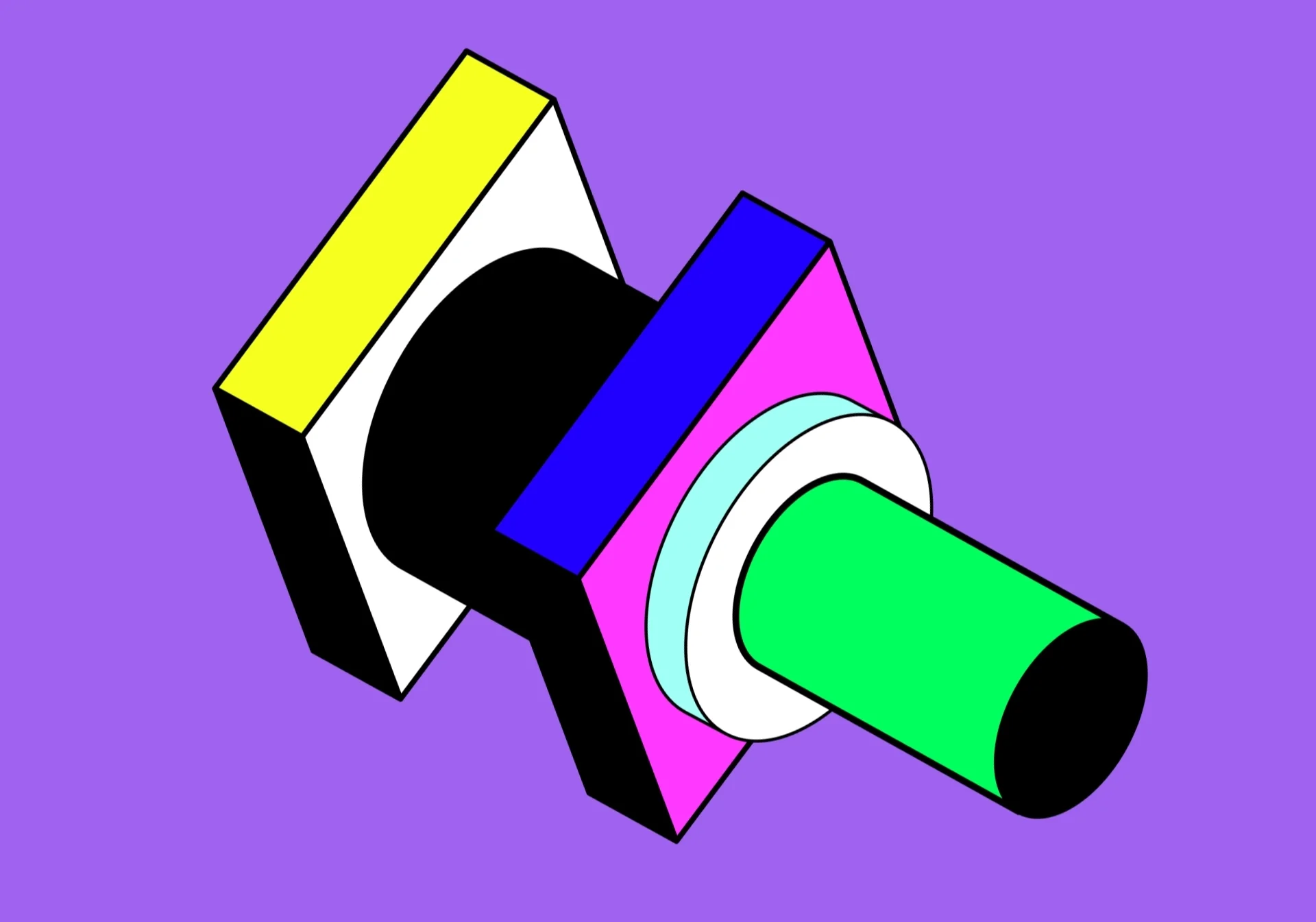 Graphic shape with solid colors on a purple background