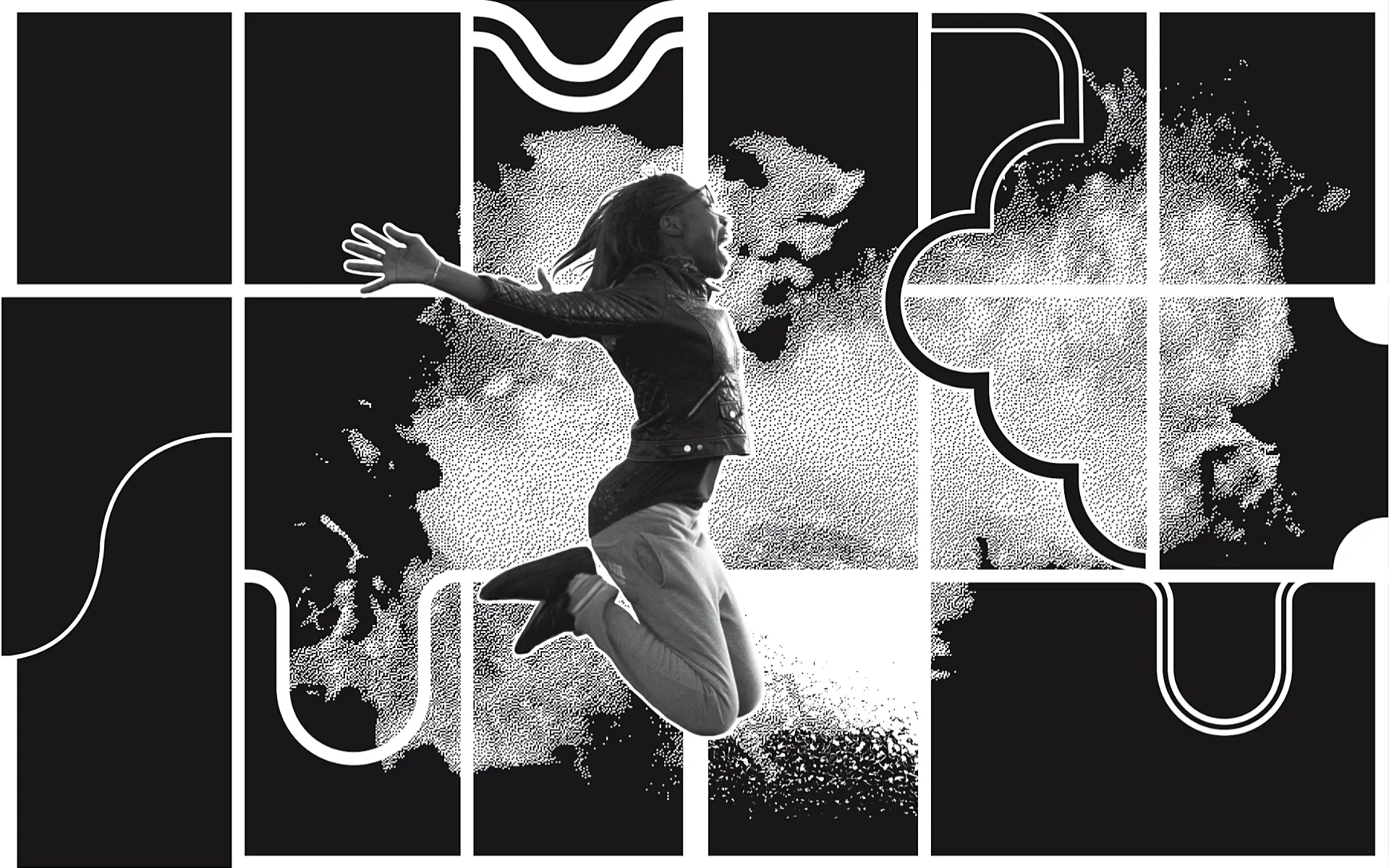 Extract from an art book showing a white grid on a black background with graphic effects
