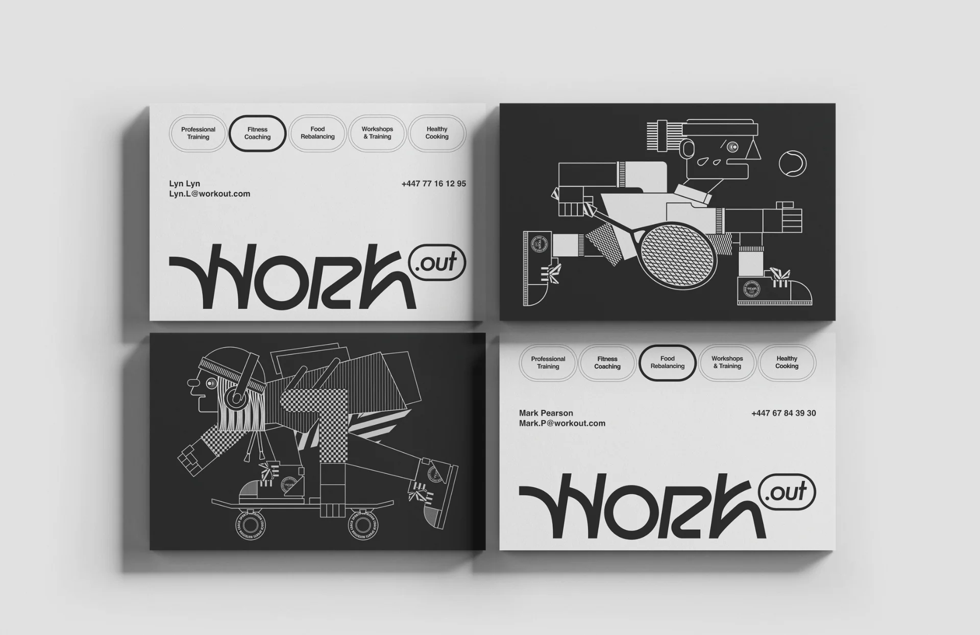 Brand-Identity-cards Work.out business cards featuring the brand's visual identity.